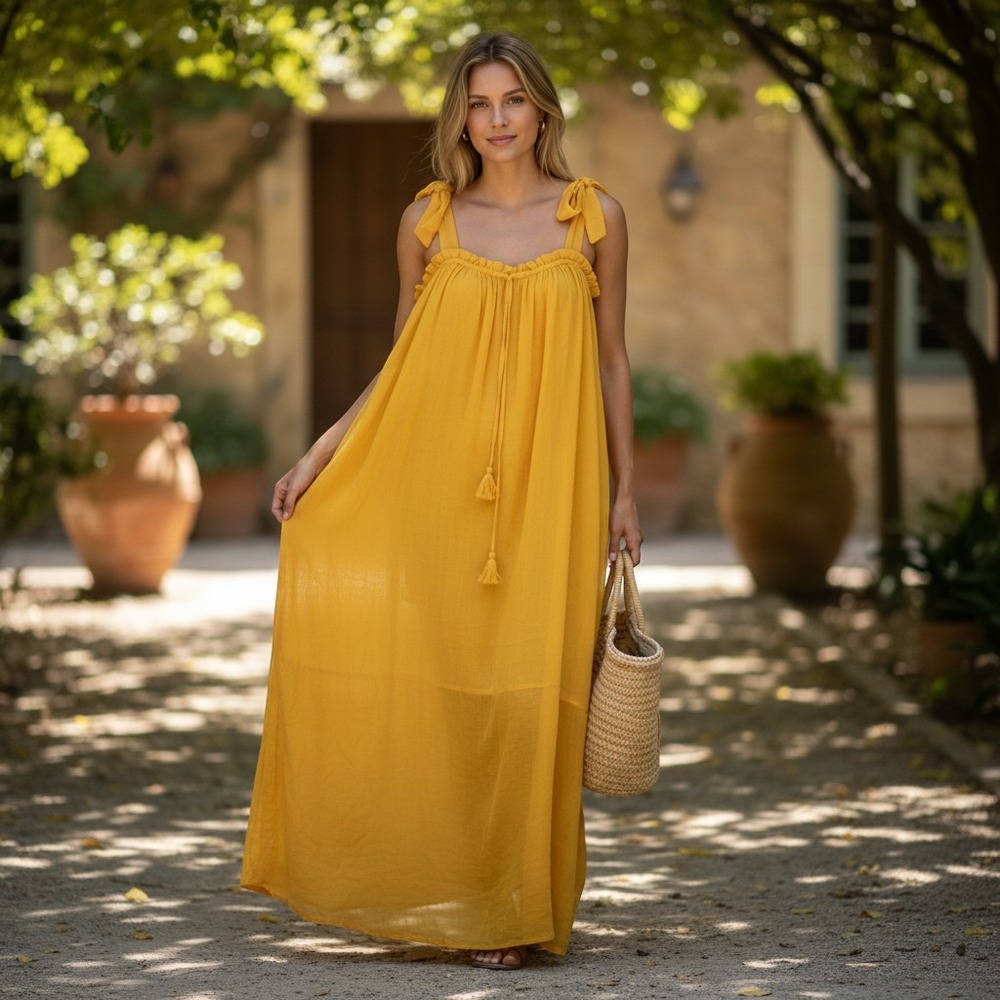 MW by Matthew Williamson Maxi Dress Womens M Yellow Chiffon Tie Shoulder Boho
